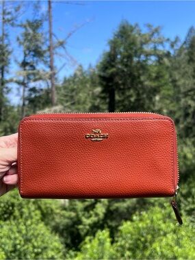 COACH Long Zip-Around Wallet Orange Pebble Leather with Gold Hardware AUTHENTIC